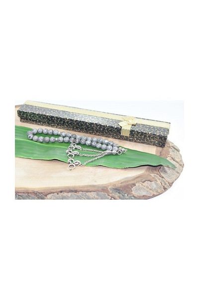 RD EKOAVM Three Tassel Three Crescent Tip Globe Cut 8 Mm Rosary Gray Agate Rosary with Veins Rdt2107
