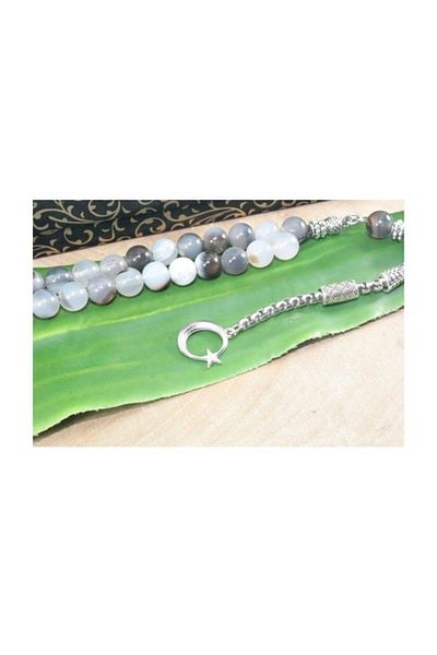 RD EKOAVM Single Tassel Moon Star Ended Globe Cut 8mm Rosary Vesseled Smoke Agate Stone Rosary Rdt2182