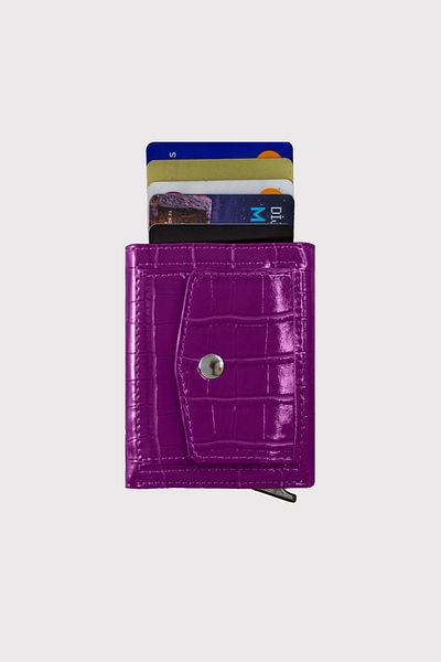 Garbalia Automatic Card Holder with Maltese Mechanism - Croco Purple Coin Compartment Wallet
