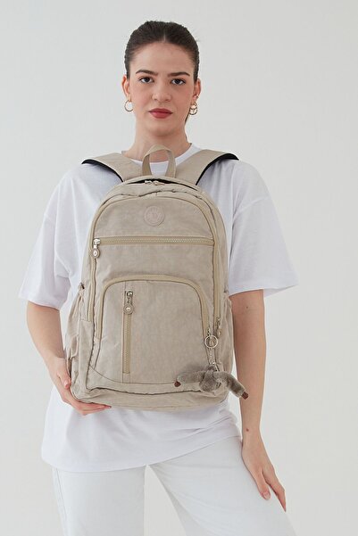 Rosso Collina حقيبة ظهر مدرسية من القماش المجعد للجنسين مقاومة للماء كبيرة الحجم ومتعددة العيون باللون البيج