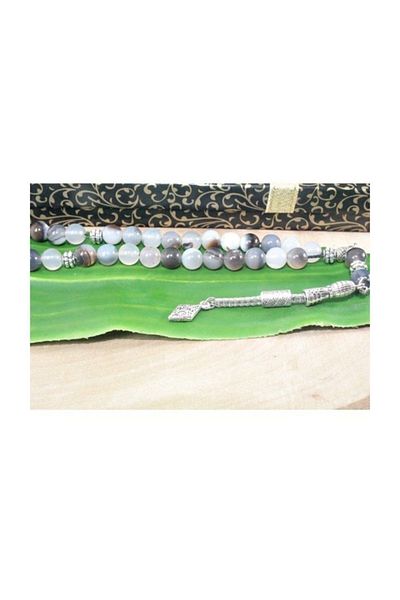 RD EKOAVM Single Tassel Tile Ended Globe Cut 8 mm Rosary Veined Smoke Agate Stone Rdt2178