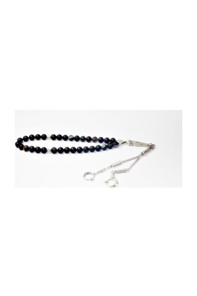 RD EKOAVM Single Tassel Moon Star Tip Globe Cut Rosary 8 Mm Black Veined Agate Rosary Rdt12145