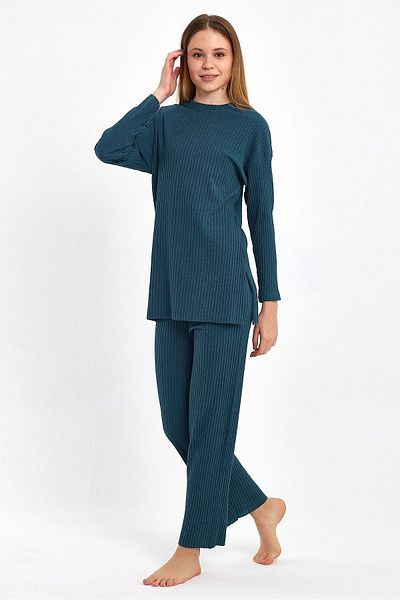 Oyga Pantaloni de sport pentru femei, Petrol, cu nervuri, set de pijamale pentru acasă