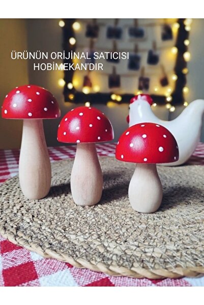 hobimekan Ahşap Kırmızı Üçlü Torna Dekoratif Mantar Aksesuar Obje