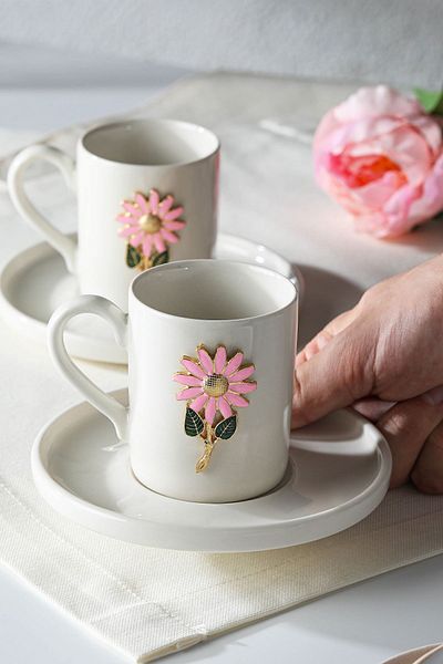 WERONY Daisy Figured 2-piece Porcelain Coffee Cup Set - 4 Pieces, 100ml