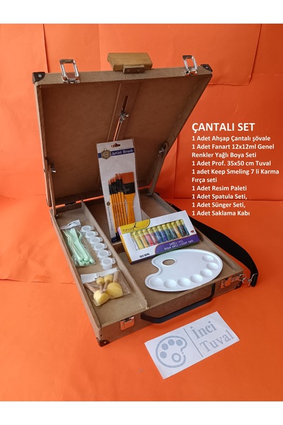 İNCİ TUVAL Ahşap Çantalı Şövale Tuval Yağlı Boya ve Fırça Resim Malzemeleri Seti Karma