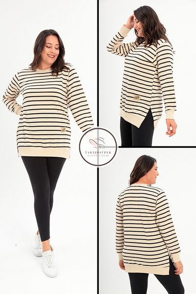 tarzımsüper Plus Size New Season Flexible Comfort Μοντέλο Μαλακό ύφασμα ριγέ μακρυμάνικο χτενισμένο βαμβακερό χιτώνα με δύο κλωστές
