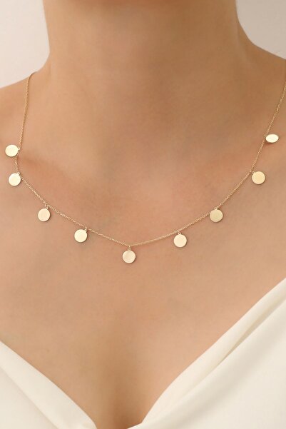 Agora Silver Veelka 14 Ayar Altın Pullu Kolye, Pullu Şans Kolye, Altın Sıralı Pullu Kolye