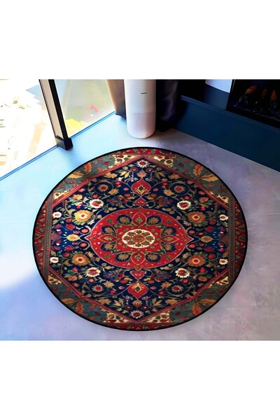 Rugs Modern Halı Navy Blue Claret Red Themed Traditional Patterned Round Wove...