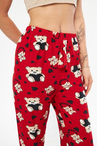 Oyga Red Teddy Bear Patterned Cotton-Suede Velvet Pajama Bottoms