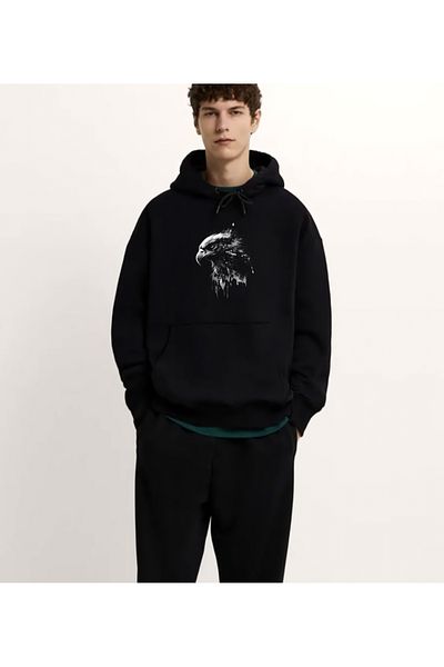 swOzz Hanorac oversize unisex - 3 fire, imprimeu vultur, design gros de iarnă