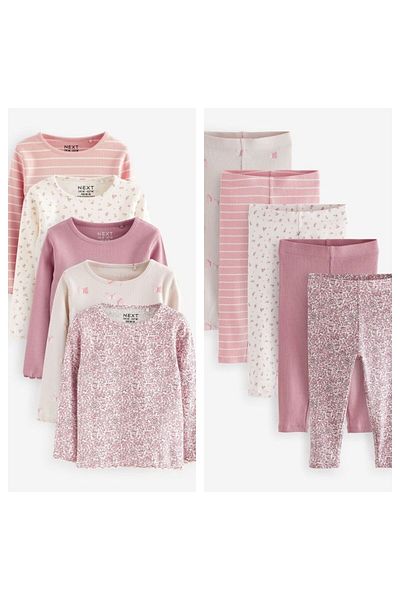 Next Baby Cotton Pink Floral Patterned Long Sleeve Ribbed 5-Piece Top and Bottom Set