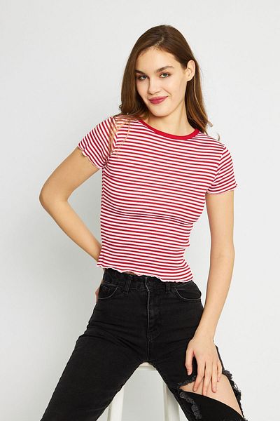 Oyga Women's Red Camisole Striped Crew Neck Crop Blouse