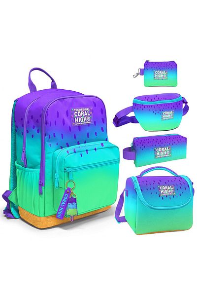 Coral High Set de genți pentru școală primară și gimnaziu din cinci piese de culoare mov liliac - fete