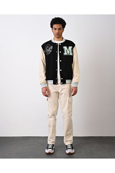 İLKCET MODA M Κεντημένο Unisex Suede Sleeve Leather College Jacket