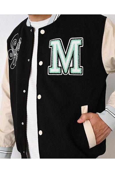 İLKCET MODA M Κεντημένο Unisex Suede Sleeve Leather College Jacket