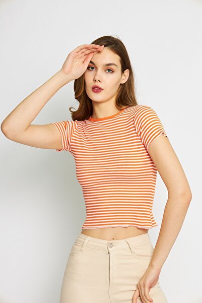 Oyga Πορτοκαλί ριγέ Camisole Crop Μπλούζα - Crew Neck