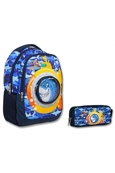 ÜMİT ÇANTA Set geantă și suport stilou pentru școală primară Cennec Blue Yellow Whale - Băiat