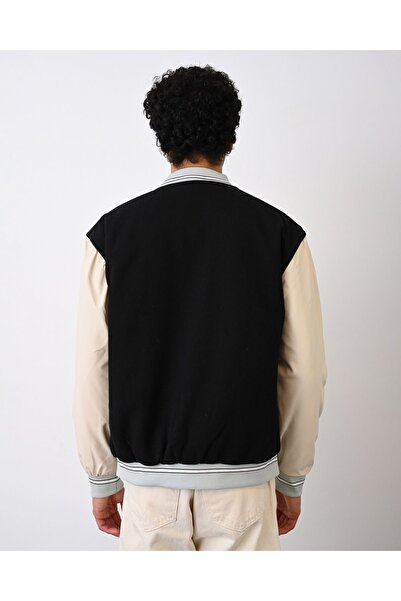 İLKCET MODA M Κεντημένο Unisex Suede Sleeve Leather College Jacket