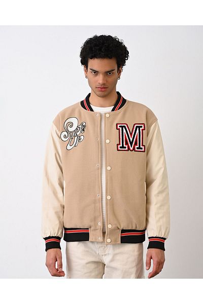 İLKCET MODA Jachetă de colegiu din piele cu mâneci din piele intoarsa unisex brodata M