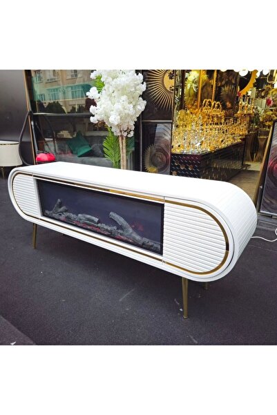 vimini home Elit TV Sehpası Şömineli Beyaz Gold