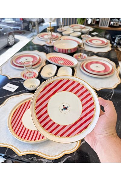 Onedekor 43 Parça Modern Pink Bird Kahvaltı Takımı Gold