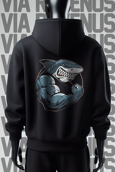 Vordevia Φούτερ Gym Shark Black Hooded - 3 κλωστές, φαρδιά εφαρμογή, εμπρός και πίσω στάμπα