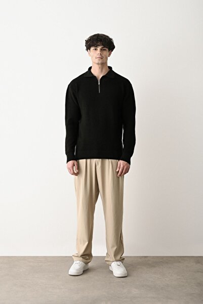 İLKCET MODA Zipper Collar Black Premium Basic Steel Knitwear Sweater