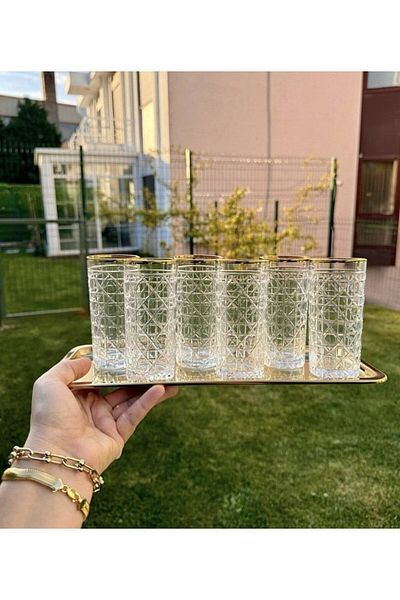 Ara Porselen 6-Piece Gold Berlin - Coffee Water Glass with Cut Decor