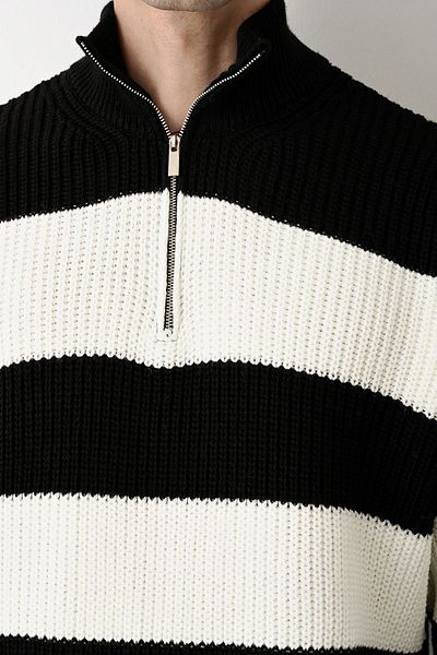 İLKCET MODA Πλεκτό πουλόβερ Unisex - Γιακάς με φερμουάρ, Χοντρό ριγέ