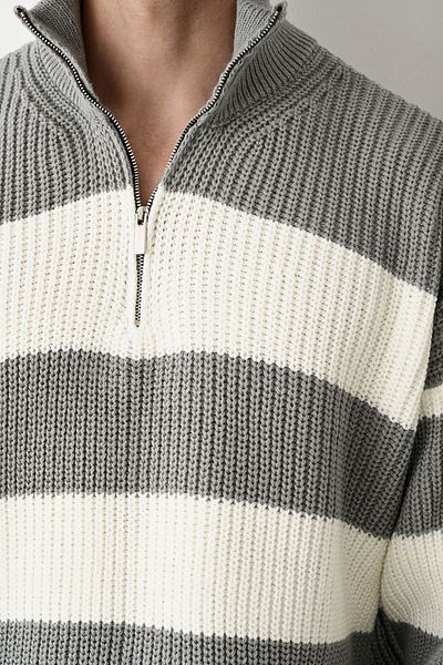 İLKCET MODA Πλεκτό πουλόβερ Unisex - Γιακάς με φερμουάρ, Χοντρό ριγέ