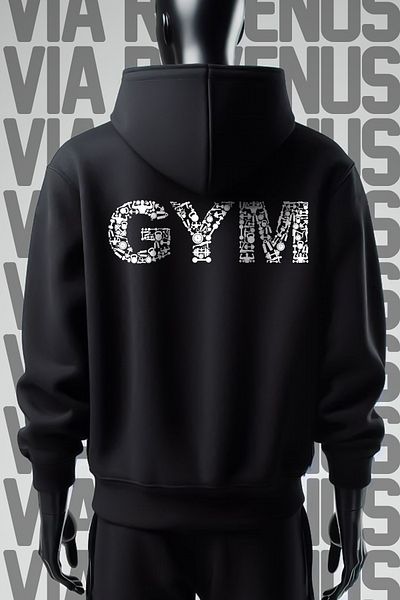 Vordevia Gym Printed 3 Thread Black Hooded Wide Fit Sweatshirt