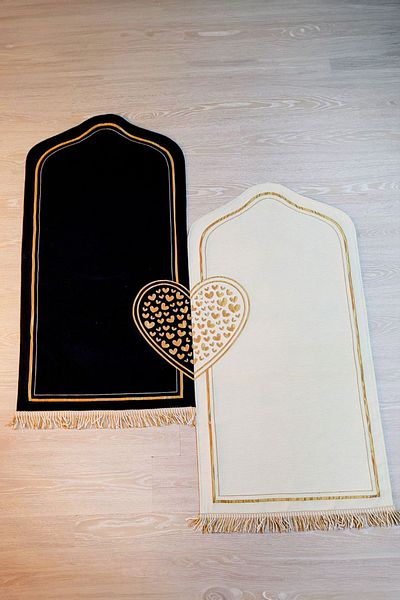 Seccadem Luxury Bride and Groom Bundle - Double Prayer Rug, Heart Prayer Rug, Gift Dowry Holder, 130X66Cm