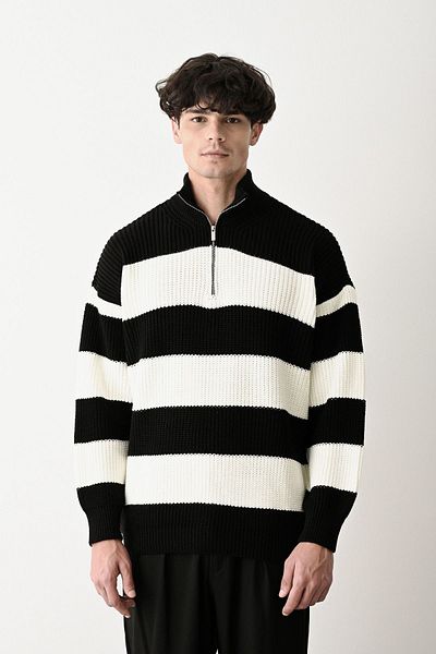 İLKCET MODA Πλεκτό πουλόβερ Unisex - Γιακάς με φερμουάρ, Χοντρό ριγέ