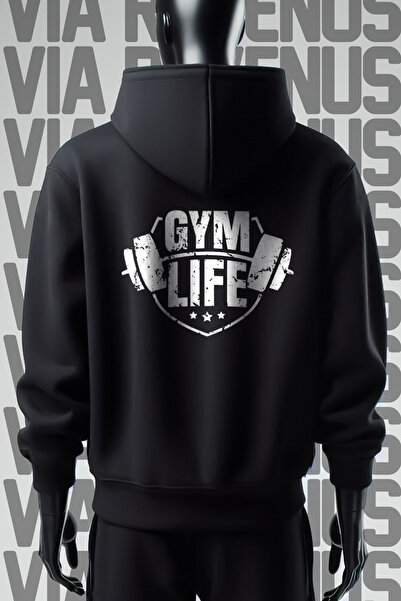 Vordevia Hanorac negru cu glugă Gym Life 3 Thread - Imprimat pe față și pe spate