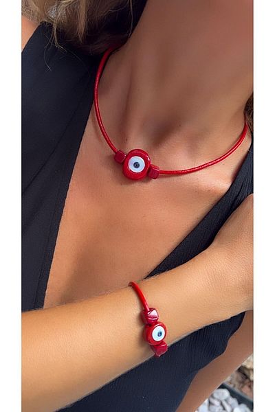 Kutcha Accessories Red Leather Necklace and Bracelet Set - Evil Eye Bead, Elegance and Protection