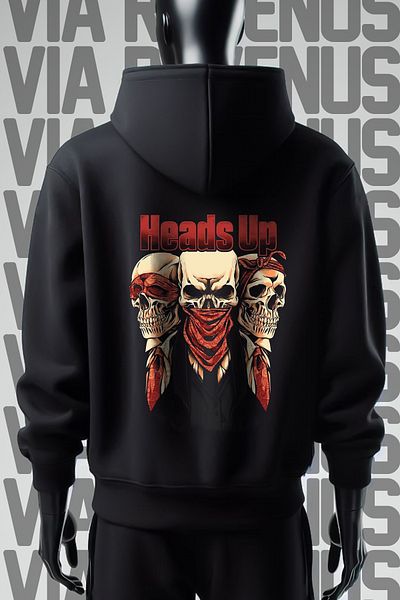 Vordevia Черен суитшърт с качулка Heads Up, 3 прежди, широк модел - с щампа отпред и отзад