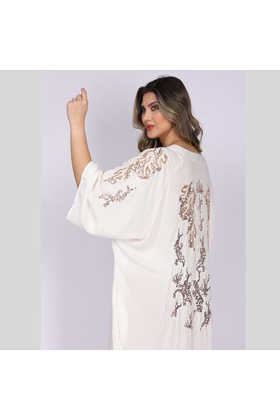 Eceyaman moda women's white back and sleeves yellow sequin embroidery oversize dress