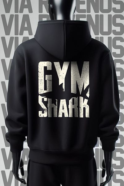 Vordevia Gym Shark Black Hooded Sweatshirt - 3 Thread, Wide Fit, Front and Back Printed