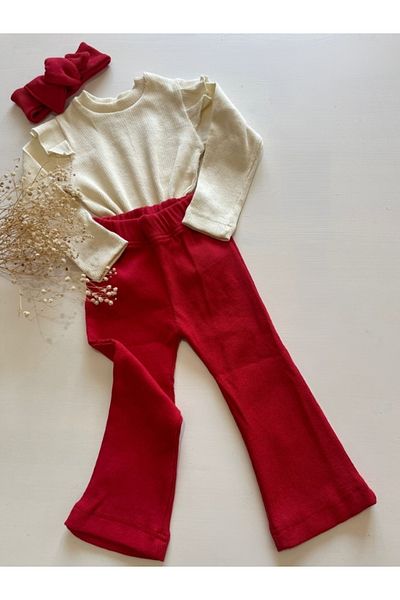 özge başaran Cream Colored Long Sleeve Badi and Red Leggings Set for Girl - Casual Stylish and Comfortable Combination