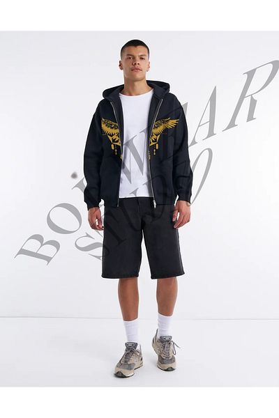 Boi Unisex Black Gold Eagle Oversize Hooded Zippered Sweatshirt - Men's Cardigan Jacket
