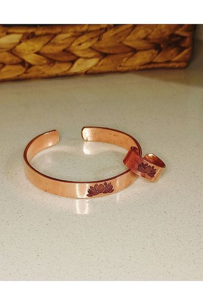 DA Cooper Design Copper Bracelet Lotus Flower Motif Lucky Bracelet & Ring Set 45 Gr Copper