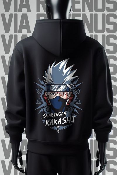 Vordevia Hanorac negru cu glugă, imprimat cu 3 fire Sharingan Kakashi