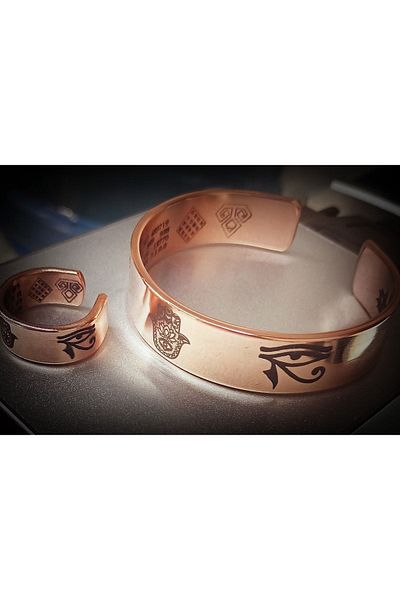 DA Cooper Design Copper Bracelet & Ring with Horus' Eye and Hamse Hand Symbol 60 GR Set