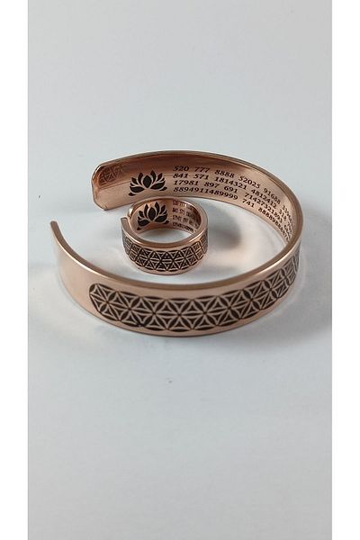 DA Cooper Design Copper Flower of Life Motif Number Section Lucky Bracelet & Ring Set 60 gr