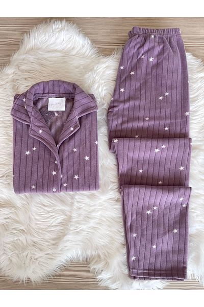 Pijamacs Fleecová sada pyžama - vzor fialové hvězdy, přední strana s knoflíky