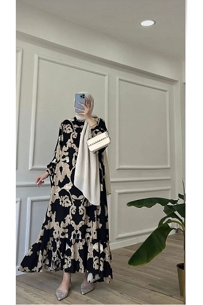 ELEGANTSTİL CLOUD PATTERNED PREMIUM VISKOSE BLACK TESETURAL DRESS
