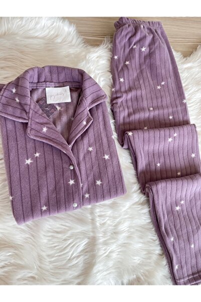 Pijamacs Fleecová sada pyžama - vzor fialové hvězdy, přední strana s knoflíky