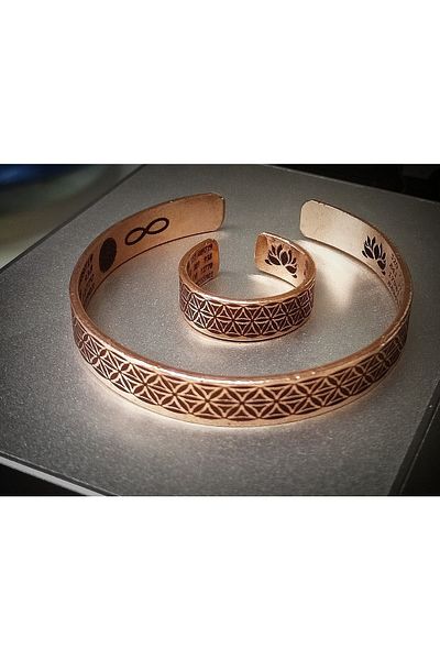 DA Cooper Design Copper Bracelet Flower of Life Motif Lucky Bracelet & Ring Set 45 gr Copper