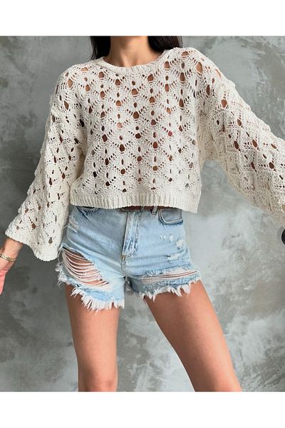 BE CHİC Kayik Collar Long Sleeve Loose Openwork Seasonal Knitwear Crop Blouse - Mw33109
